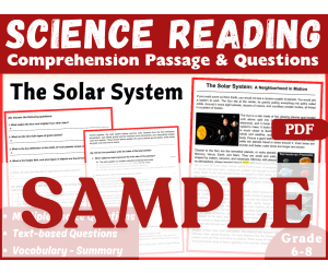 Science Reading Comprehension Passage. The Solar System. SAMPLE