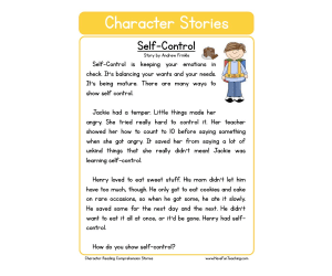 Self-Control Character Reading Comprehension Worksheet
