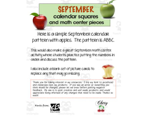 September Calendar Squares and Math Center Pieces