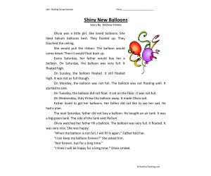 Shiny New Balloons Reading Comprehension Worksheet