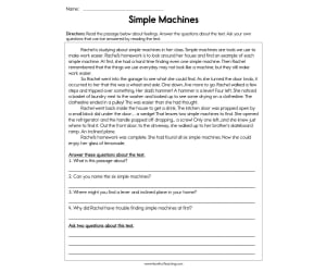 Simple Machines Reading Comprehension Worksheet