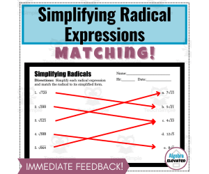 Simplifying Radicals Matching Worksheet