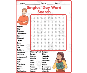 Singles’ Day Word Search 2nd 3rd 4th 5th Grade Worksheet Activity