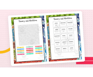 Slavery and Abolition word search, scramble and crossword puzzle