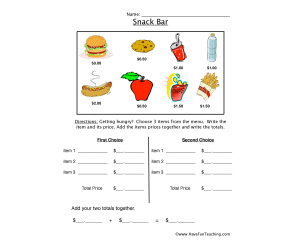 Snack Bar Money Worksheet