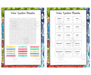 Solar System Planets word search, scramble and crossword puzzle