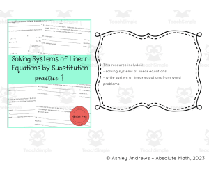 Solving Systems of Linear Equations by Substitution Practice 1