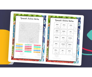 Spanish Action Verbs word search, scramble and crossword puzzle