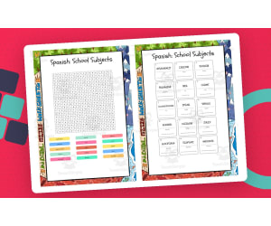 Spanish School Subjects word search, scramble and crossword puzzle