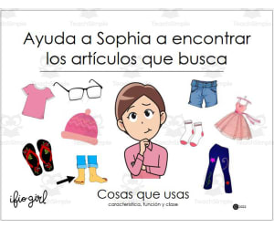 Spanish: SORT CLOTHING BY feature, function, class -Ayuda a Sophia a Encontrar los Artículos - Característica, Función y Clase - Sorting Activity