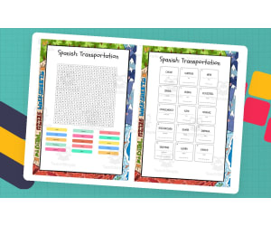 Spanish Transportation word search, scramble and crossword puzzle