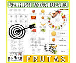 Spanish Vocabulary Flash Cards Crossword Wordsearch Anagram FRUITS