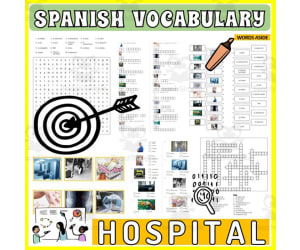 Spanish Vocabulary Flash Cards Crossword Wordsearch Anagram HOSPITAL