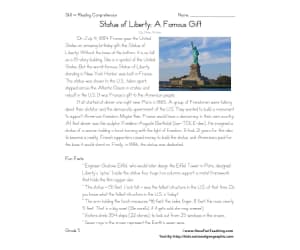 Statue of Liberty: A Famous Gift Reading Comprehension Worksheet