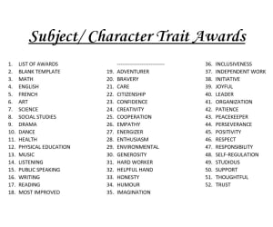 Subject & Character Trait Awards