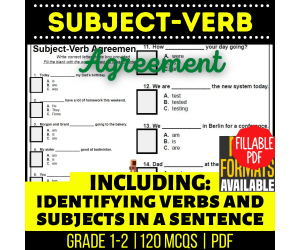 Subject-Verb Agreement Practice Questions Grades 1-2 Grammar Fillable