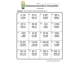 Subtract to Thousandths Decimal Worksheet