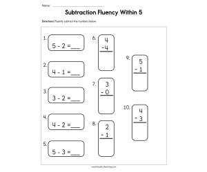 Subtracting Fluency Within 5 Worksheet