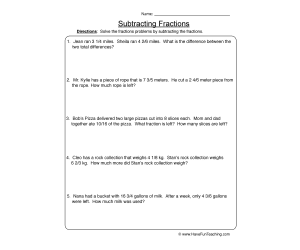 Subtracting Fractions Word Problems Worksheet
