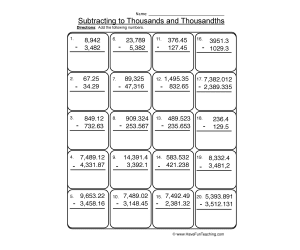 Subtracting Thousands Thousandths Worksheet