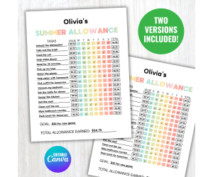 Summer Chore Allowance Tracker | Earn Money Chart | Summer Activities