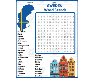 SWEDEN Word Search Puzzle Worksheet Activity