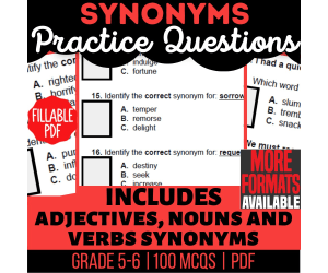 Synonyms Practice Questions - Vocabulary Grade 5-6 Fillable