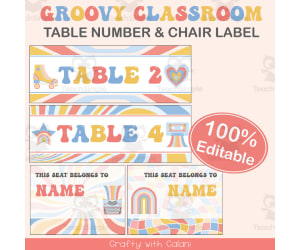 Table Number and Chair Labels in Pastel Groovy Theme - 100% Editable