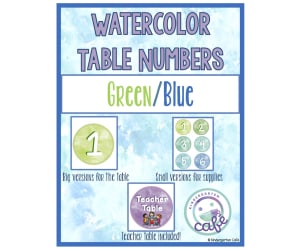 Table Numbers | Green and Blue Watercolor Theme