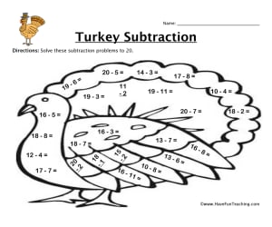 Thanksgiving Turkey Subtraction Worksheet