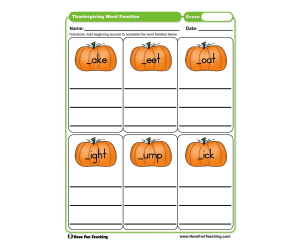 Thanksgiving Word Families Worksheet