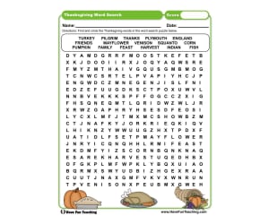Thanksgiving Words Search Worksheet