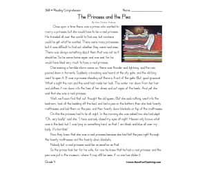 The Princess and the Pea Reading Comprehension Worksheet
