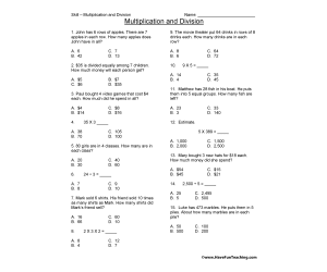 Third Grade Multiplication and Division Test Practice Worksheet