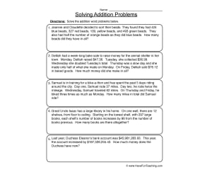 Three Addends to Thousand Addition Word Problems Worksheet
