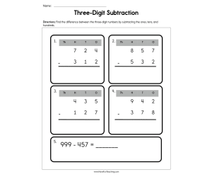 Three Digit Subtraction Worksheet