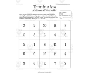 Three in a Row Addition and Subtraction Game