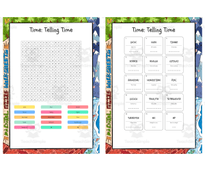 Time Telling Time word search, scramble and crossword puzzle