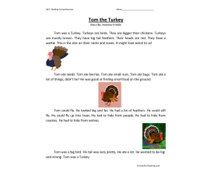 Tom the Turkey Reading Comprehension Worksheet