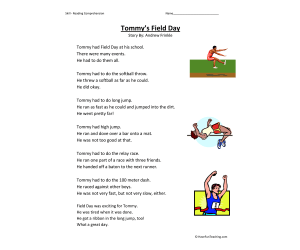 Tommy's Field Day Reading Comprehension Worksheet