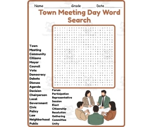 Town Meeting Day Word Search 2nd 3rd 4th 5th Grade Worksheet Activity
