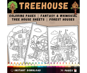 Treehouse Coloring Pages | Fantasy & Whimsical Tree House Sheets