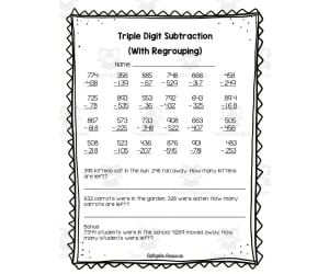 Triple Digit Subtraction with Regrouping Worksheet