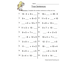 True Addition Number Sentences Worksheet