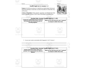 Twelfth Night Act 2, Scenes 1-3 | Double Entry Journals