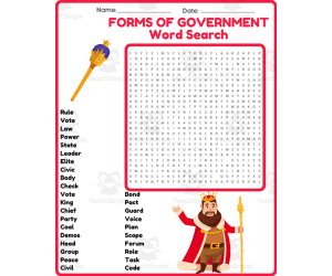 TYPES  FORMS OF GOVERNMENT Word Search Puzzle Worksheet Activity