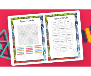 Types of Clouds word search, scramble and crossword puzzle