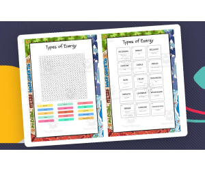Types of Energy word search, scramble and crossword puzzle