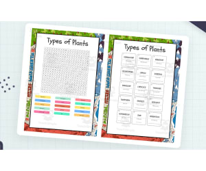 Types of Plants word search, scramble and crossword