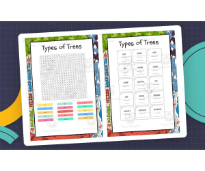Types of Trees word search, scramble and crossword